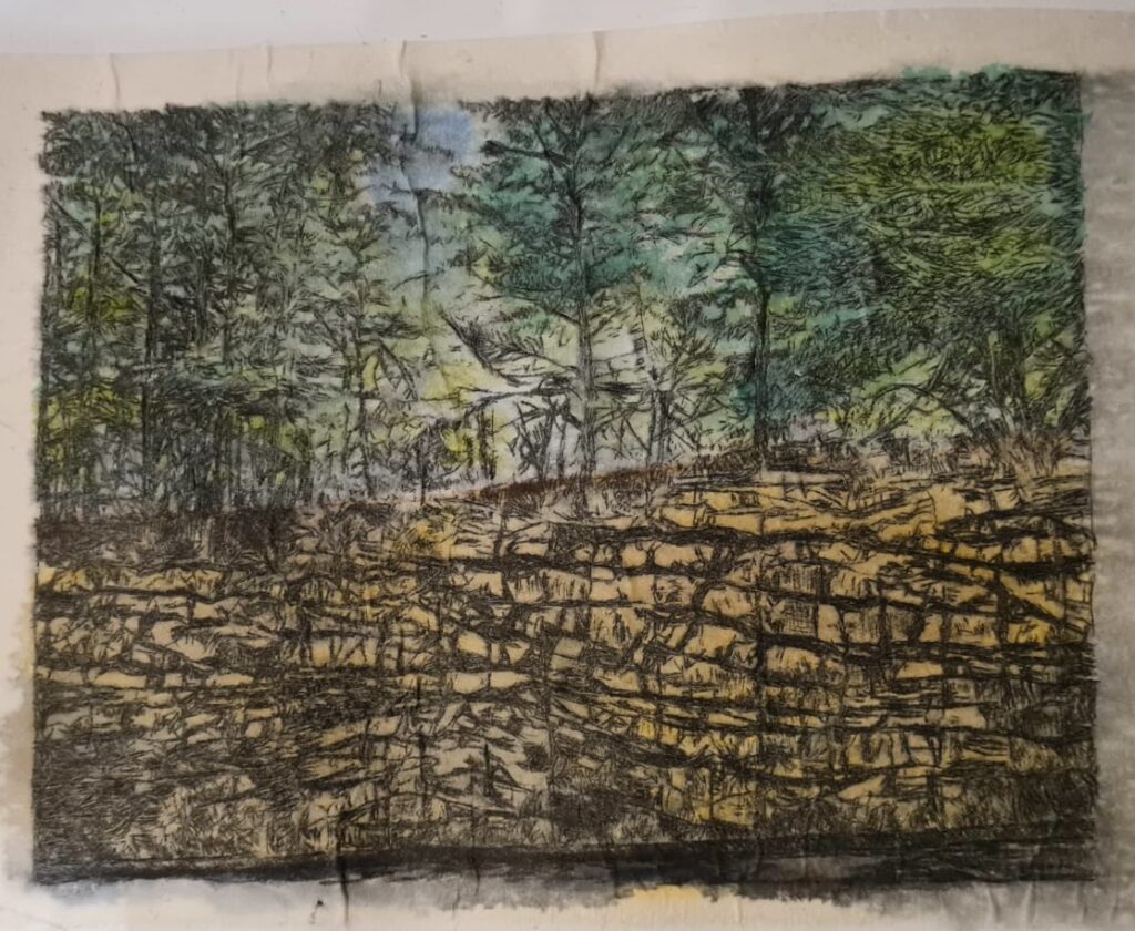 Handprinted etching of woods on top of a a sandstone roadcut